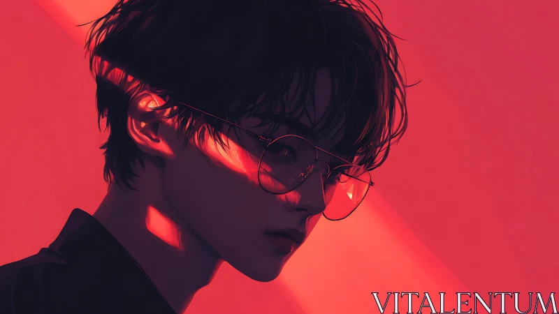 Moody portrait glows in bold red light and quiet reflection