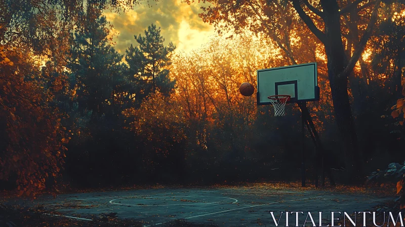 Outdoor basketball hoop on tree-lined court at sunset.