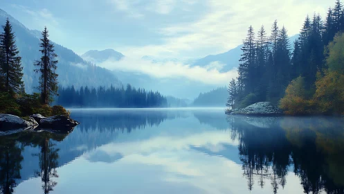 Misty alpine lake mirrors evergreen forest and peaks.