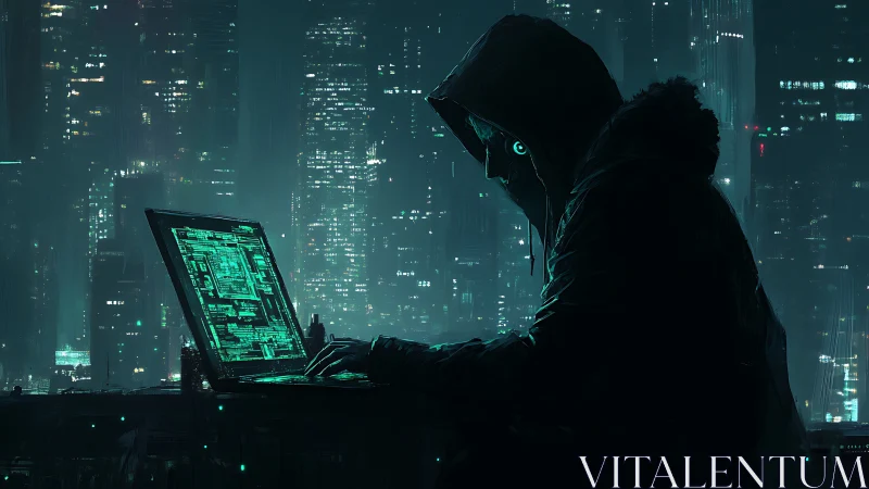 Hooded hacker at laptop in neon lit cyberpunk city