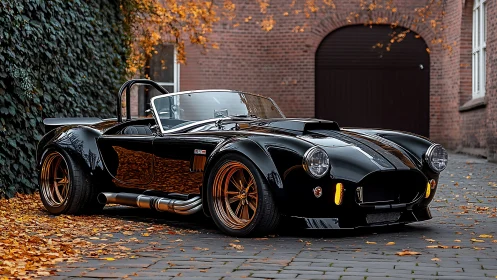 Glossy black roadster rests among warm autumn leaves today