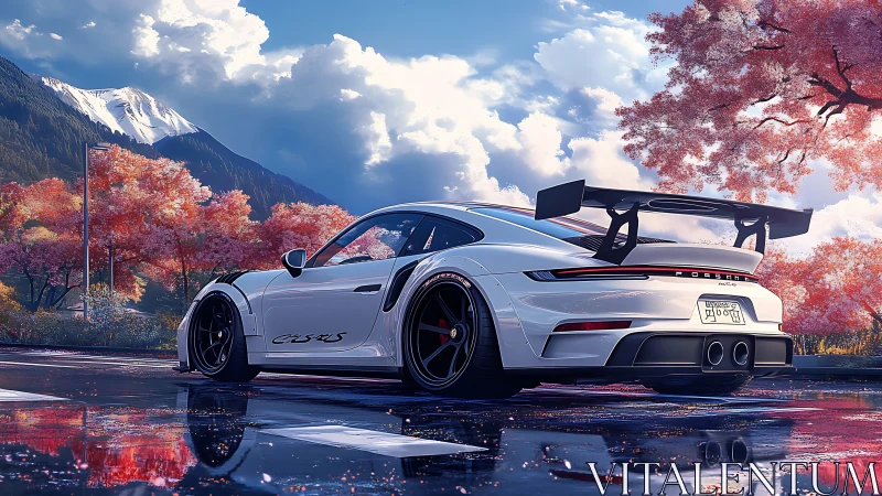 White track car on wet road in autumn mountain landscape.