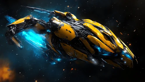 Sleek yellow starship carves a bright trail through deep space