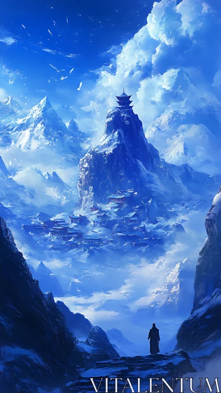 Monk overlooking luminous pagoda city in frozen blue peaks.