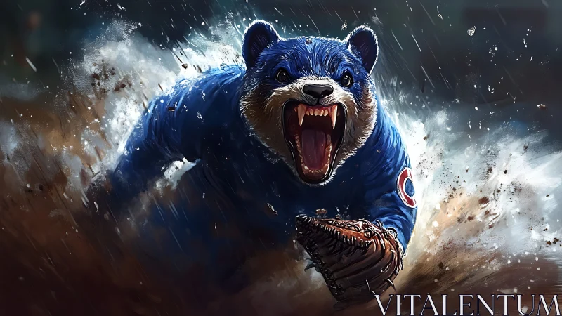 Blue-uniformed bear-like figure lunging through wet infield.