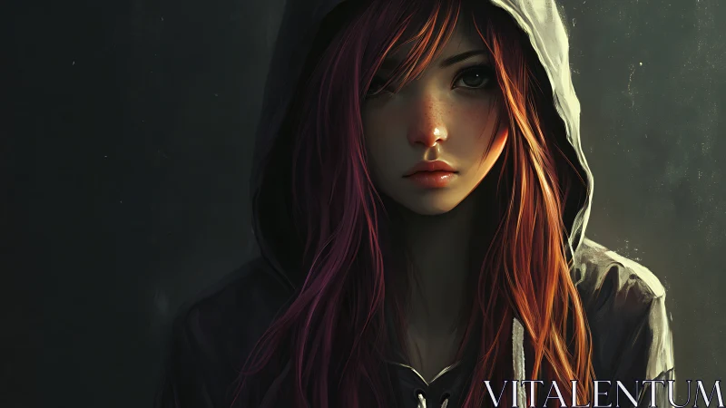 Digital painting portrait of hooded girl in moody chiaroscuro.