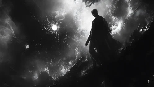 Dark cloaked figure stands in swirling cosmic storm.