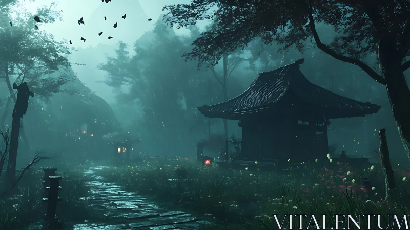 Rain-soaked Japanese forest shrine with moody mist and lanterns