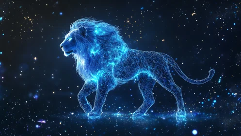 Luminous wireframe lion strides through a cosmic digital night