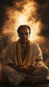 Dramatic low-key portrait of meditative priest with haloed smoke backlight