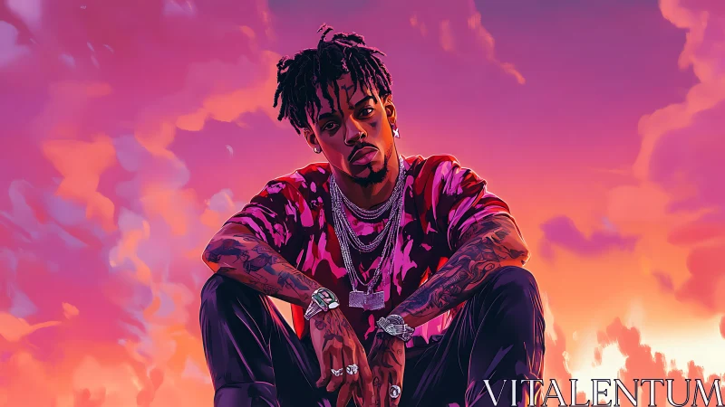 Sunset portrait of tattooed rapper in neon gradient sky.