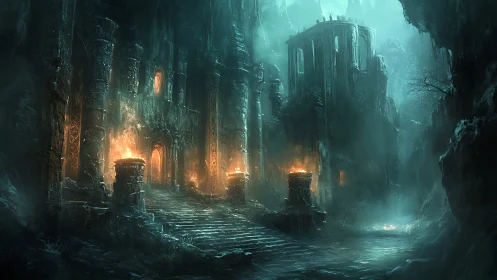 Forsaken stone citadel glows with eerie turquoise fire.