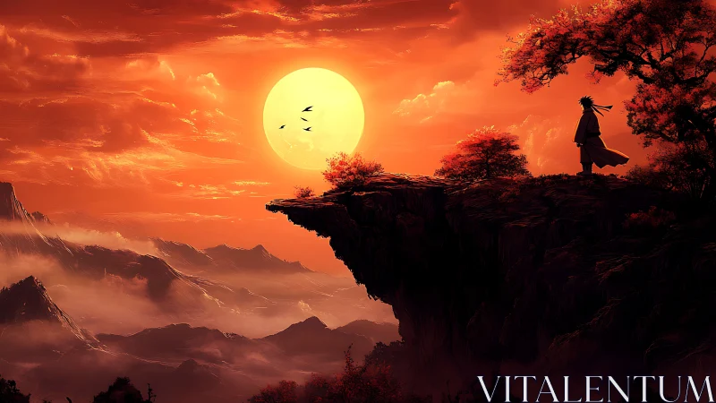 Lone wanderer gazes over fiery valley beneath colossal sun