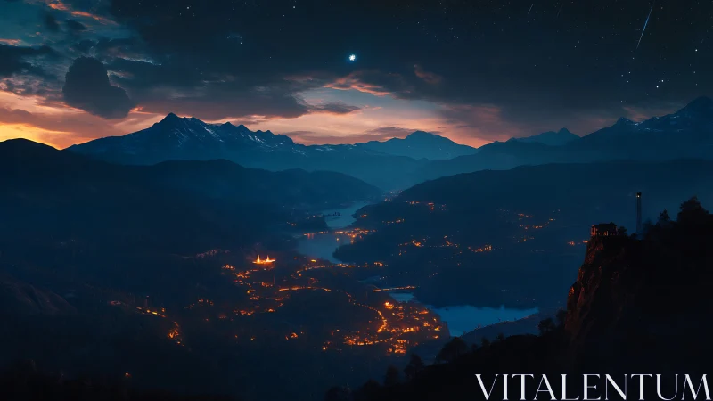 Mountain valley at night with glowing lakeside settlements.