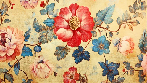 Vintage floral mural shows bold red bloom on textured gold