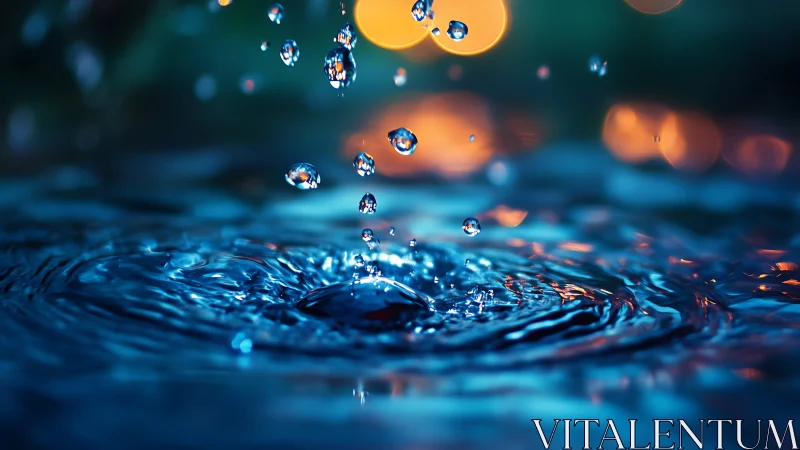 Falling droplets crown a neon-blue pool in twilight stillness.
