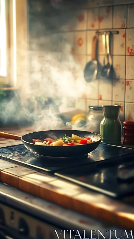 Steaming vegetable stir fry cooking on rustic stovetop.