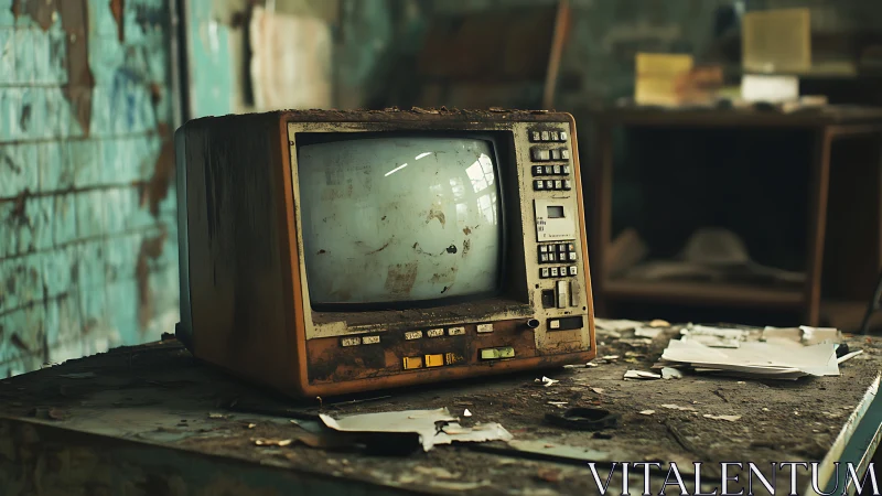 Decayed CRT monitor rests on dusty desk in derelict interior