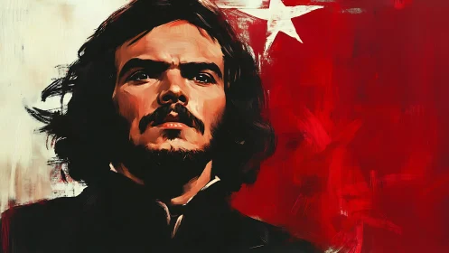 Portrait of long haired man before red field and star