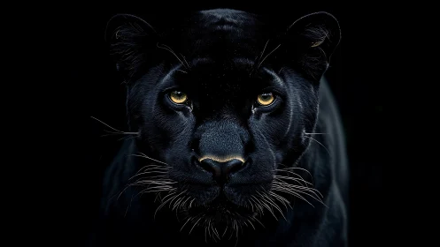 Black Panther Portrait with Luminous Amber Eyes Against Darkness.