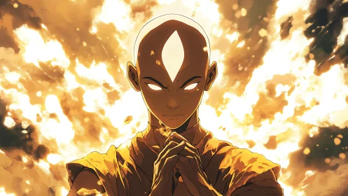 Bald monk concentrates amid intense surrounding flames