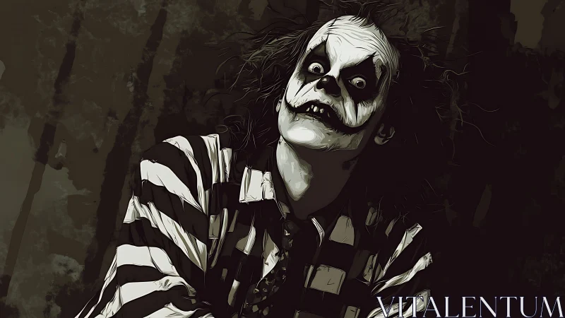 Sinister striped clown leans forward under murky forest light