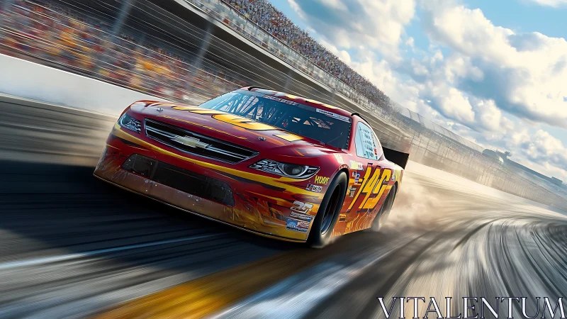 Red stock car on high speed banked racetrack turn in daylight.