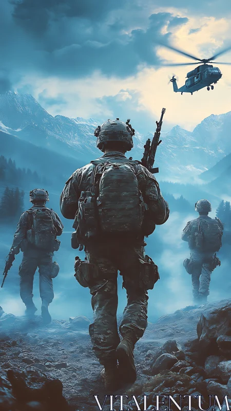 Armed soldiers advance through misty mountains at dawn.