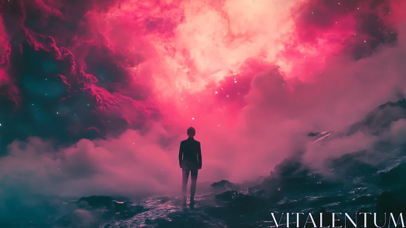 Digital painting of lone figure before luminous nebula sky.