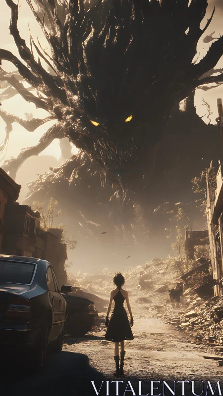 Girl faces colossal tree monster in ruined city street