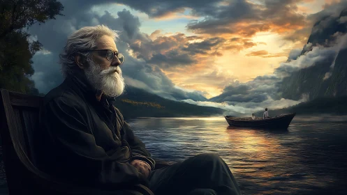 Lacustrine elder in atmospheric dusk-lit fjordscape study.