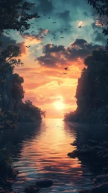 Sunlit channel between forested cliffs at low horizon sunset.