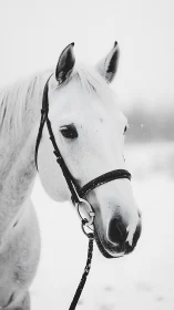 Monochrome close-up portrait of bridled white horse in snow