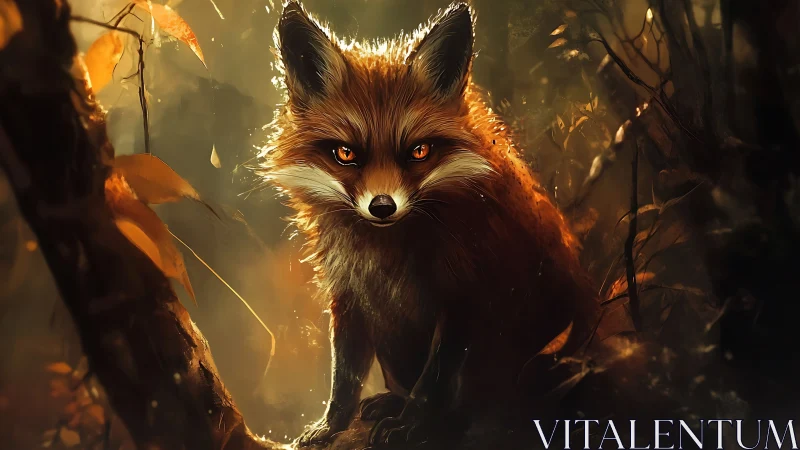 Ember-eyed fox poised in glowing autumn forest shadows.