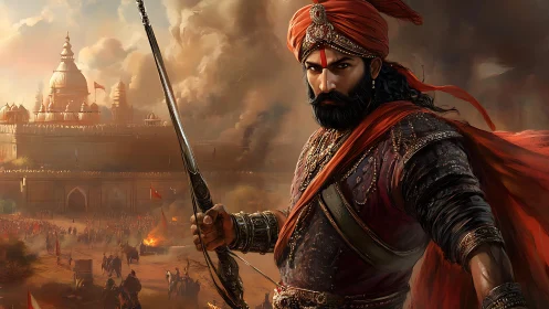 Warrior prince commands fortress under burning skies.