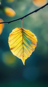 Single yellow leaf hanging from thin branch in soft focus.