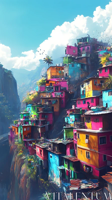 Color-saturated cliffside favela overlooks bright mountain valley