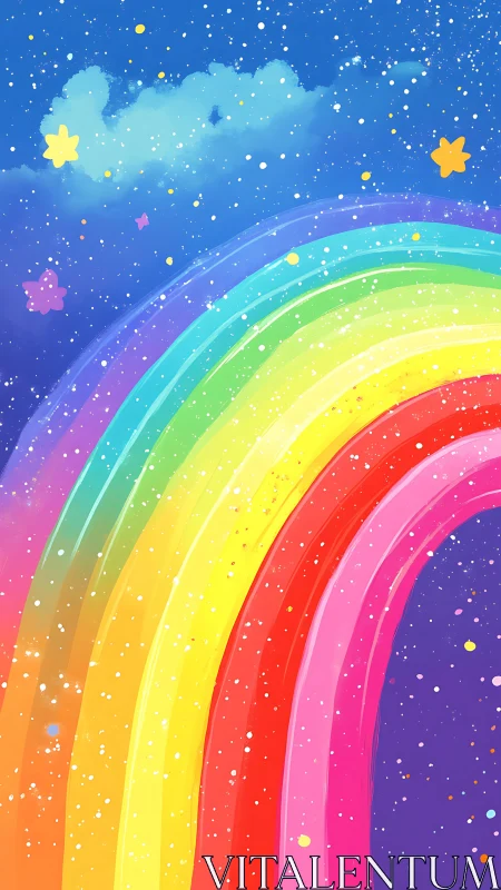 Bright rainbow arc against starry blue and purple sky.