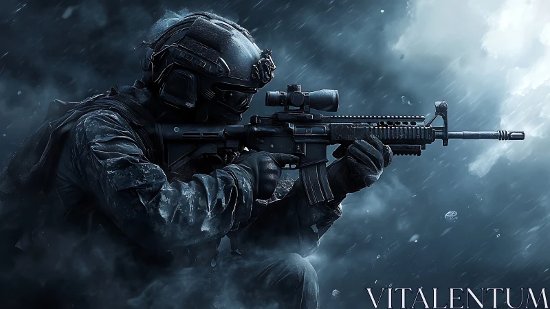 Tactical operator aims rifle under rain in cinematic blue light