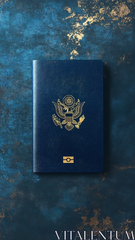 Biometric navy passport on distressed teal textured surface