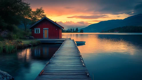 Lakeside red cabin dreams beneath a molten watercolor sunset.