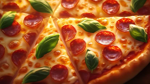 Golden pepperoni pizza slices with fresh basil warmth.