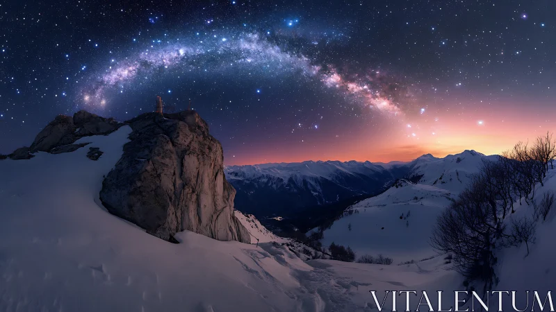 Panoramic snowy ridge arcs beneath luminous Milky Way band