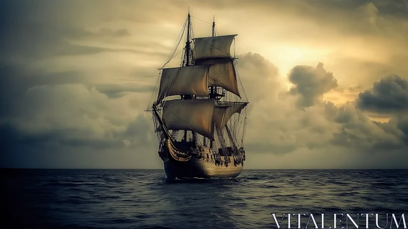 Photorealistic tall ship under dramatic sunset atmospheric lighting.
