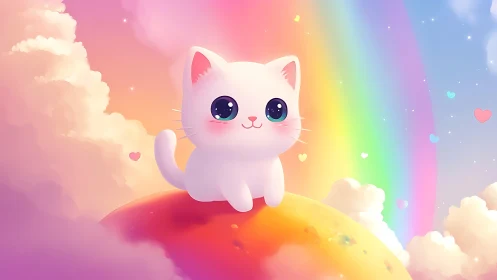 Kawaii white kitten under pastel rainbow sky on planet.