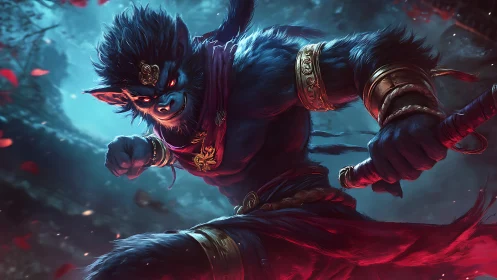 Dynamic warrior primate in mythic digital battle scene.