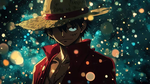 Straw-hatted anime adventurer glows amid dreamy starry lights