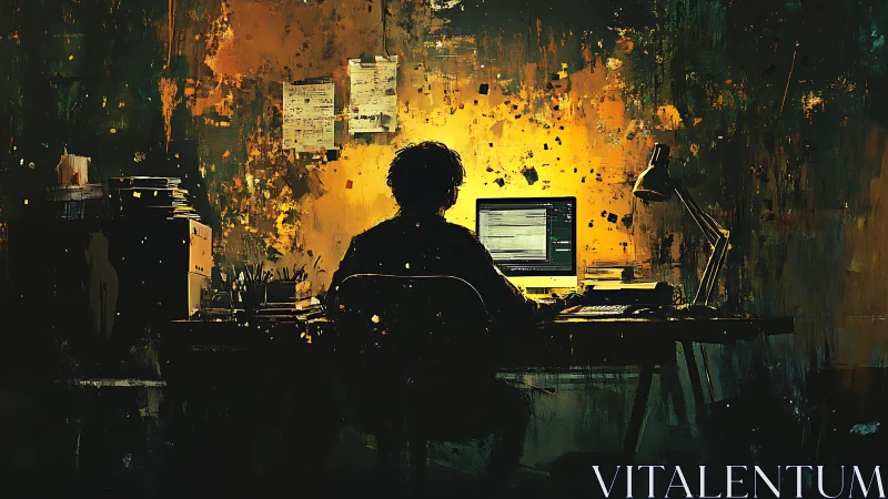 Programmer works at cluttered desk in moody studio