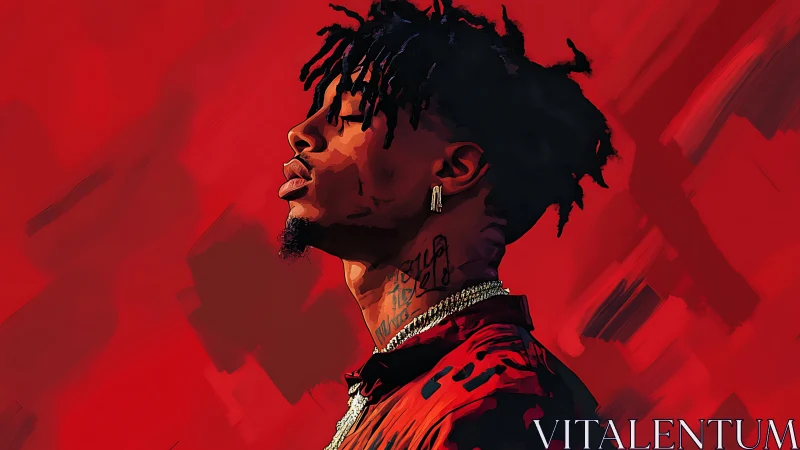 Profile portrait uses cel-shaded lighting against gestural red field