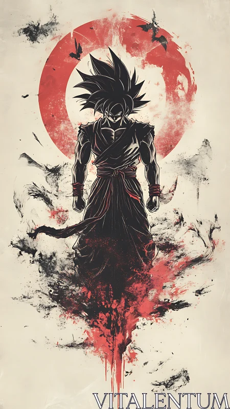 Fierce warrior silhouette rising through red ink storm.
